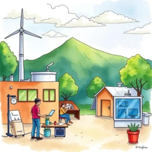 Utility communication enhancer: Improve messaging for energy discussions 4 A person using a laptop outdoors with renewable energy sources visible in a vibrant landscape.