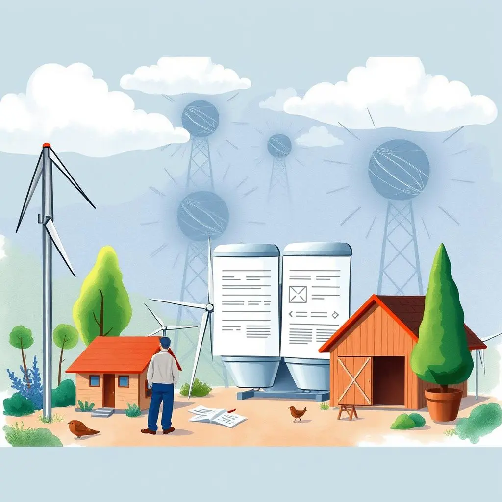 Energy policy analysis report writer: Automate reports on energy policy analysis 1 Wind turbines and a person analyzing documents in a sustainable energy landscape.
