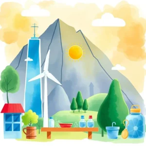 A picturesque landscape featuring renewable energy sources and sustainable practices in nature