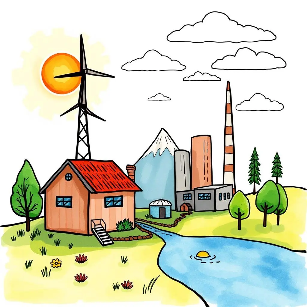 Policy research assistant: Generate summaries of recent energy policy research 1 Illustration of a sustainable energy landscape with wind turbine and factory.