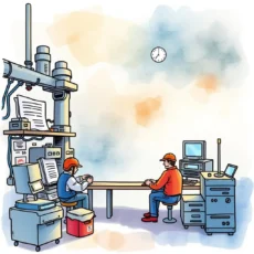 Engineers discussing change requests in a modern workspace setting.
