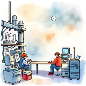 Engineers discussing change requests in a modern workspace setting.