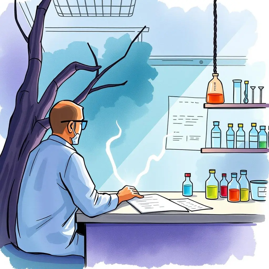 A professional in a lab coat reviewing documents near a table of colorful vials and a tree.