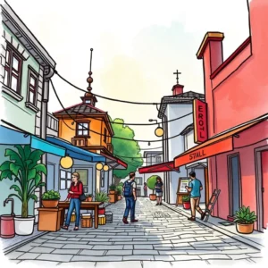 A vibrant marketplace scene featuring people engaging with shops in a lively alleyway.