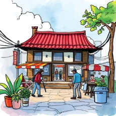 A vibrant scene showcasing a bustling market entry strategy environment.