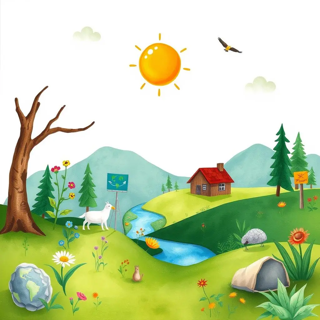 Campaign message builder: Craft engaging social media posts 1 A vibrant landscape featuring a sunny sky, mountains, and wildlife, ideal for environmental awareness campaigns.