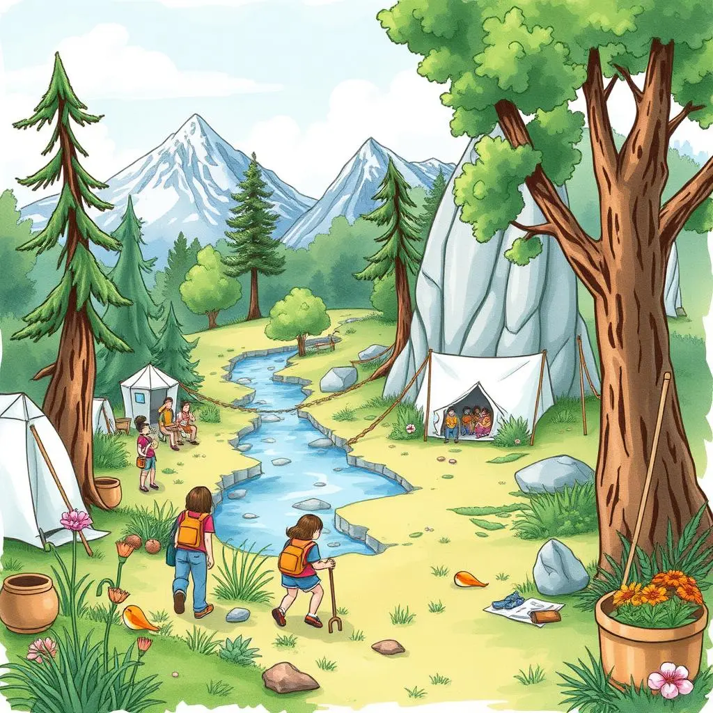 Participation tracker: Generate templates for tracking attendee engagement and participation 1 Children engaging in outdoor activities near a river and tents.