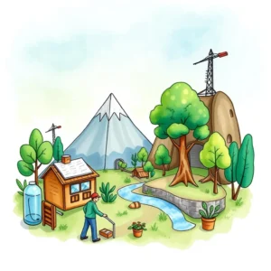 A person tending to plants in a serene, eco-friendly landscape featuring mountains and a stream.