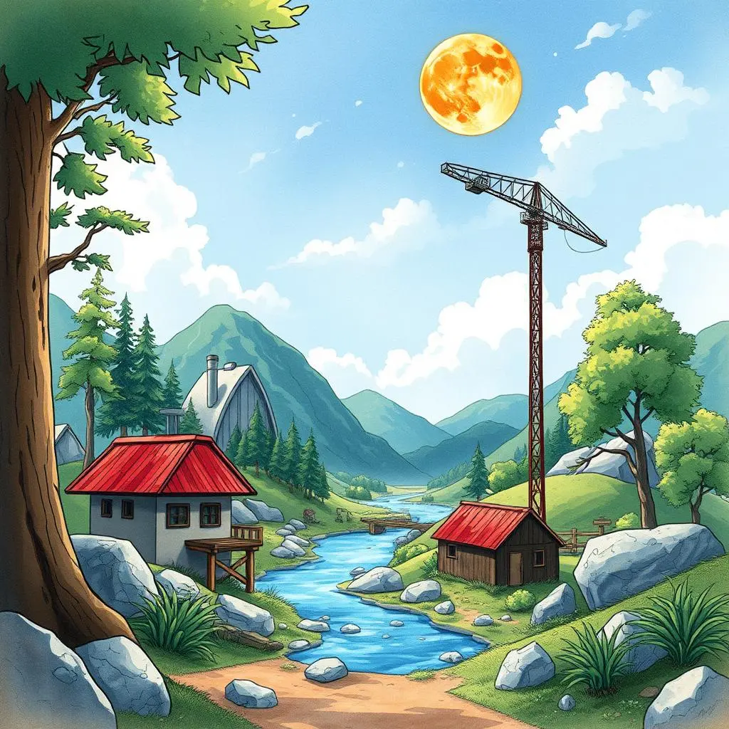 Impact analysis generator: Generate detailed follow-up analysis reports 1 Scenic landscape illustration depicting development alongside natural environment.