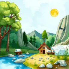 Impact Evaluation Composer tool illustrated in a serene natural landscape with a cabin and river