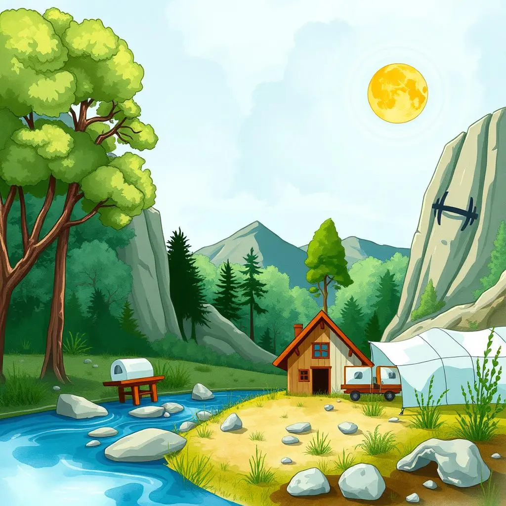 Impact evaluation composer: Compose evaluations from follow-up assessment data 1 Impact Evaluation Composer tool illustrated in a serene natural landscape with a cabin and river