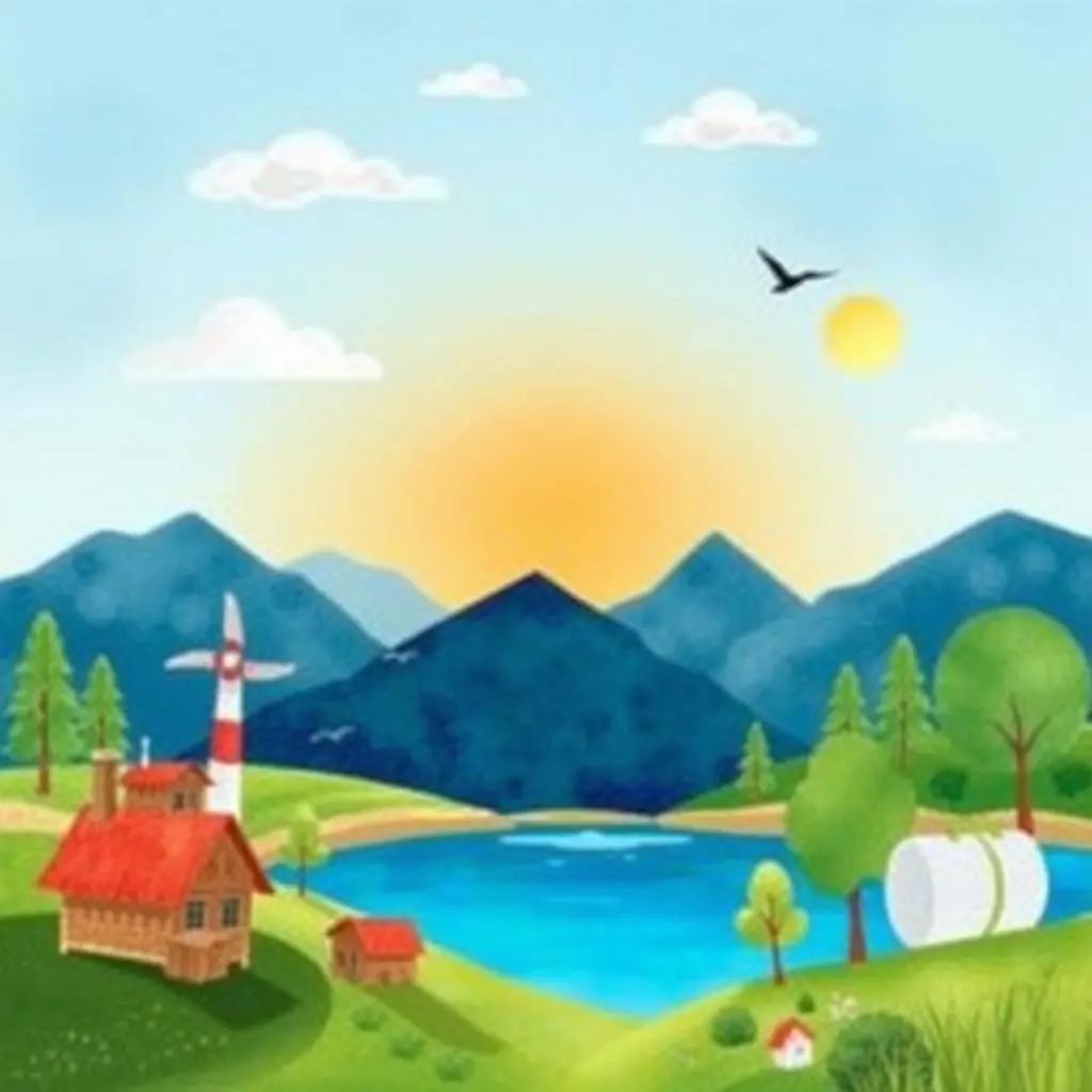 A serene landscape featuring mountains, a lake, and quaint cottages, symbolizing environmental impact.