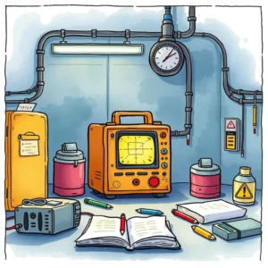 Equipment calibration tools, including a precision adjustment device, on a workbench in a tech environment.