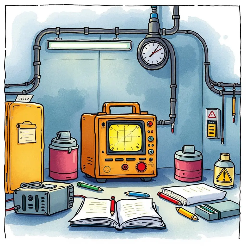 Precision adjustment notes generator: Develop notes for accurate equipment adjustments 1 Equipment calibration tools, including a precision adjustment device, on a workbench in a tech environment.