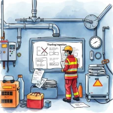 Worker reviewing inspection findings in a facility's equipment inspection area.