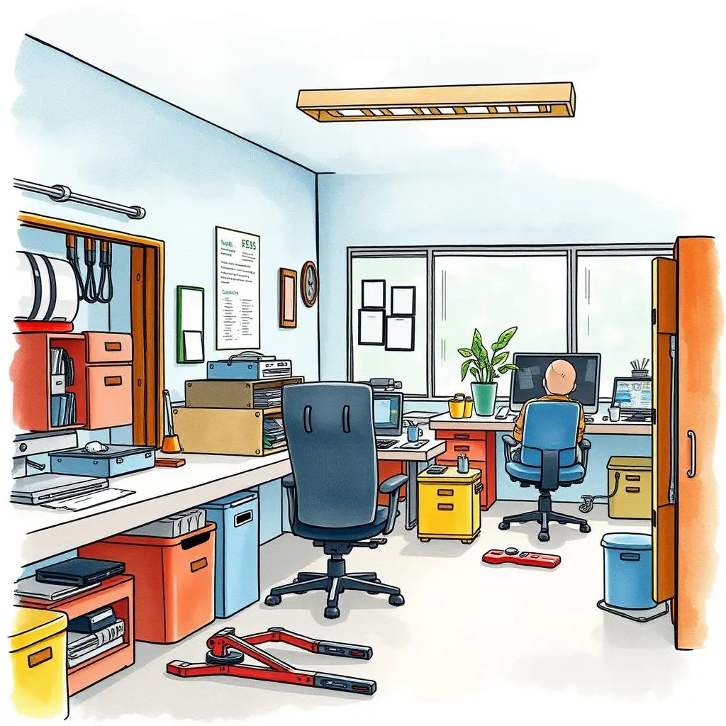 Hazard assessment narrator: Outline safety hazard assessments for equipment 1 Office workspace emphasizing equipment maintenance with a focus on safety assessments.