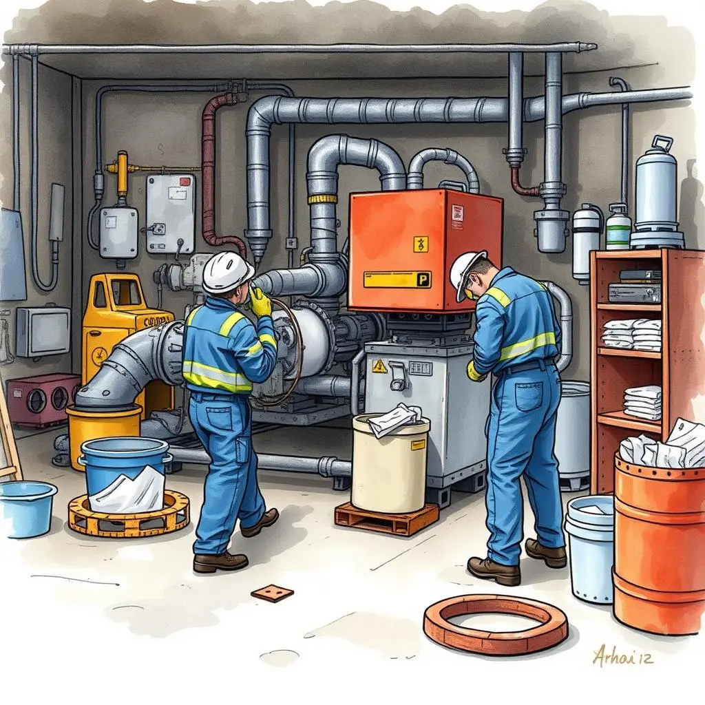 Cleaning safety protocols: Create safety guidelines for equipment cleaning tasks 1 Two technicians performing equipment cleaning in a manufacturing facility.