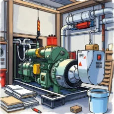 Equipment overhaul setup featuring a generator and materials for maintenance tasks.