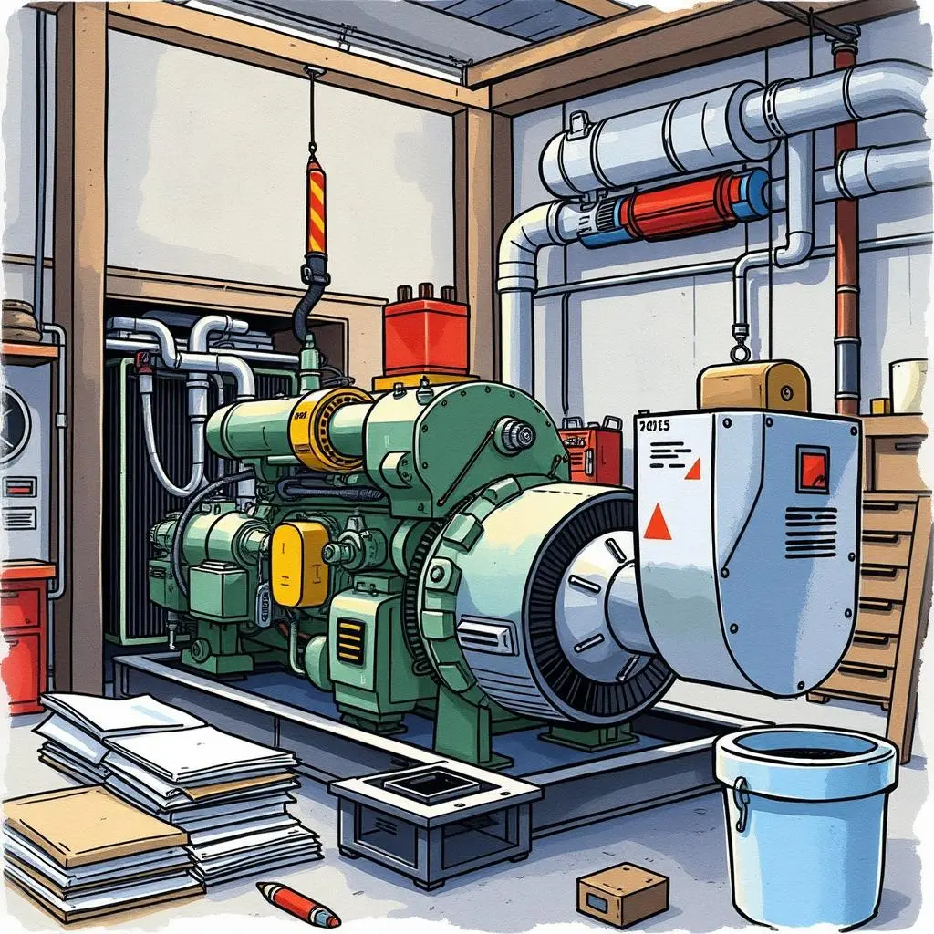 Parts costs estimator: Calculate expected replacement expenses 1 Equipment overhaul setup featuring a generator and materials for maintenance tasks.