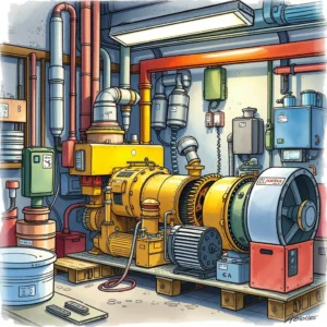 A detailed workshop featuring industrial machinery and piping for equipment maintenance