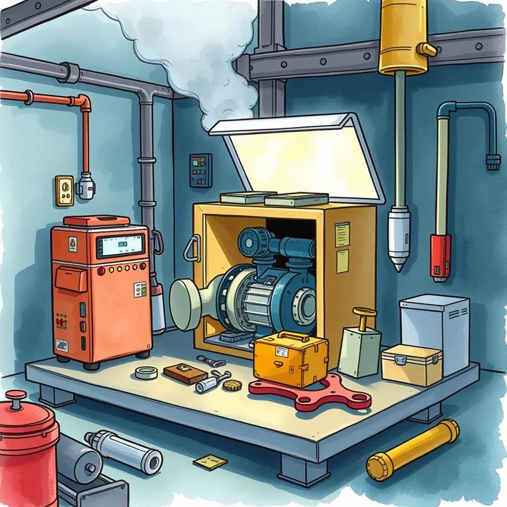 Reassembly troubleshooting guide: Provide troubleshooting tips for common issues 1 A complex equipment setup with visible components and tools used in manufacturing and production troubleshooting