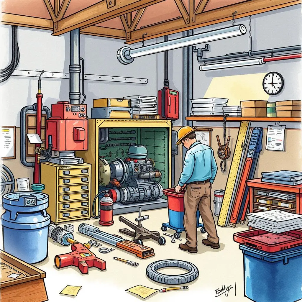 Equipment repair report maker: Automatically format repair work summaries 1 A maintenance technician organizes tools and equipment in a workshop for efficient repair work.