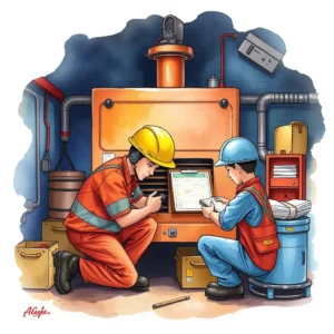 Record update assistant: Help input and manage maintenance records 6 Technicians updating maintenance records in a manufacturing environment.