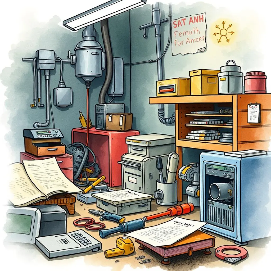 Repair history logger: Compile and organize equipment repair data 1 Cluttered workshop with various tools and equipment for managing repair history logs