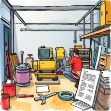 A maintenance technician operates equipment in a manufacturing workspace surrounded by tools and reports.