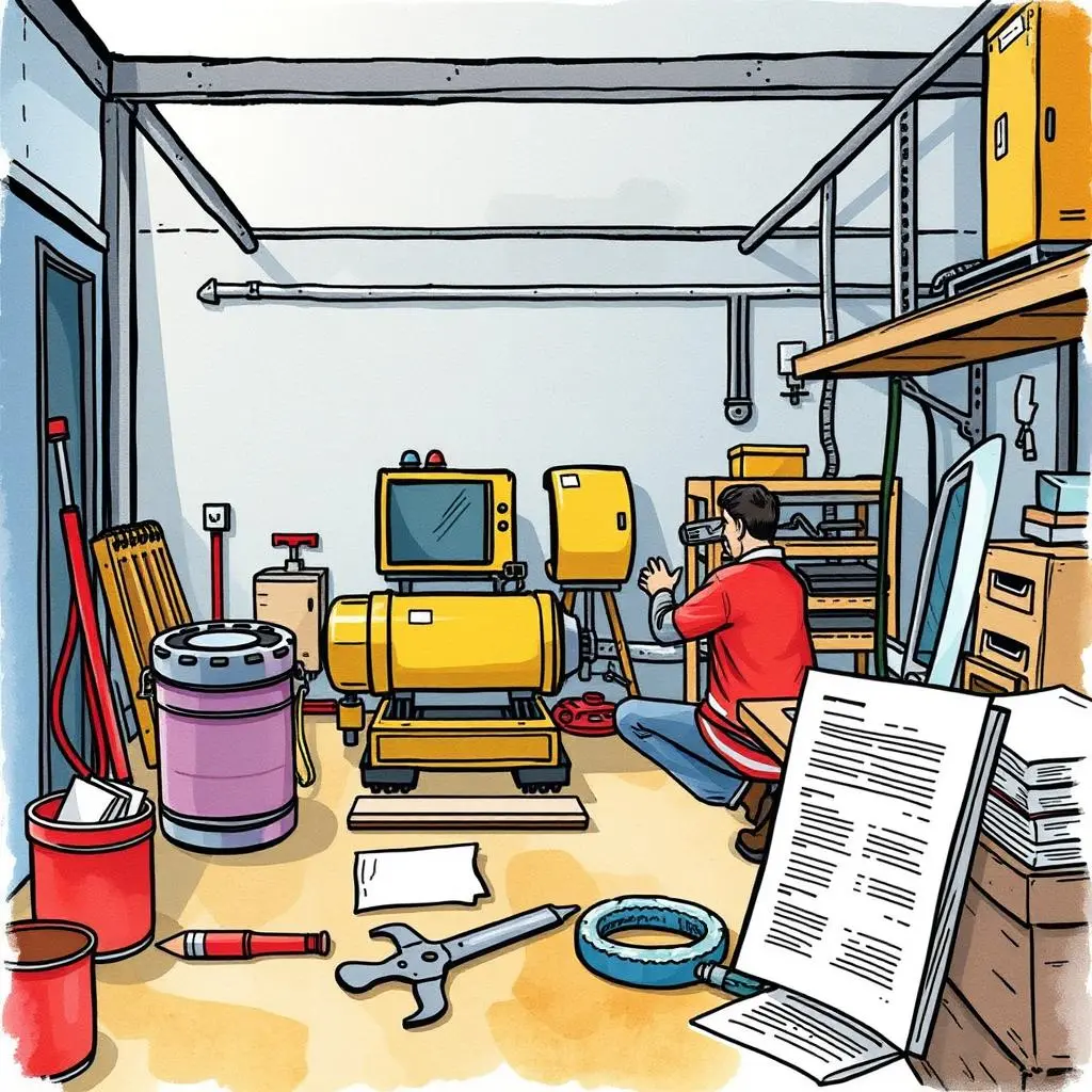 Repair log generator: Create structured reports for repairs 1 A maintenance technician operates equipment in a manufacturing workspace surrounded by tools and reports.