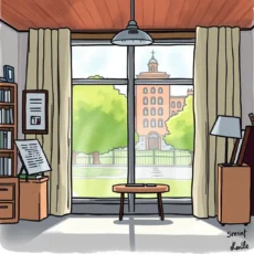 A bright office interior with a view of greenery and a building, ideal for case closure confirmation tools.