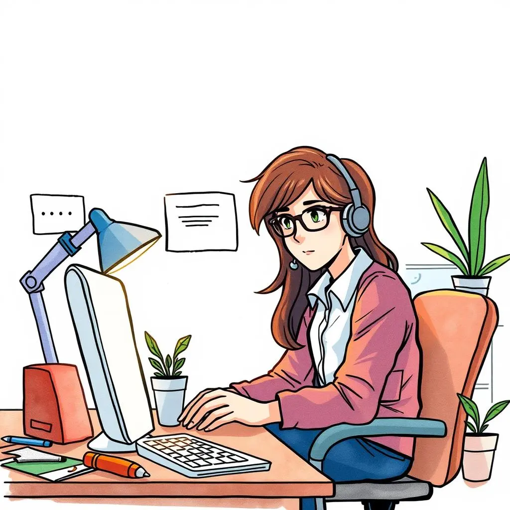 Support analyst working on a computer in a customer service setting.