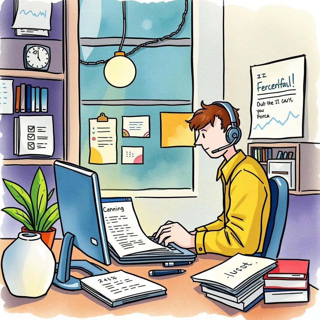 Case resolution insights creator: Extract actionable insights from escalated cases 1 A customer support analyst wearing a headset works at a desk with documents and a computer.