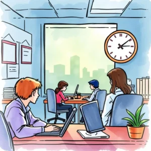 Collaborative work environment featuring customer service specialists using laptops for escalation assessments