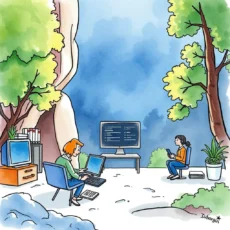 Two support agents categorizing cases in a serene outdoor setting.