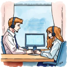 A professional discussion between two customer service agents using a computer and headsets.