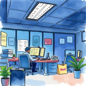 Root cause summary creator: Identify key issues from escalated cases 4 A person working at a desk with multiple monitors in a modern office setting.