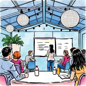 Participants in a meeting actively engaging with a presenter during an event feedback session.