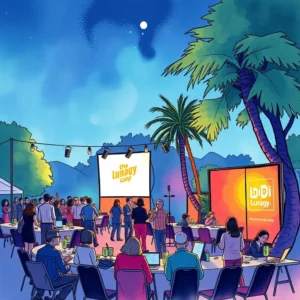 A vibrant outdoor event scene with attendees engaged in discussions and feedback near large projection screens.