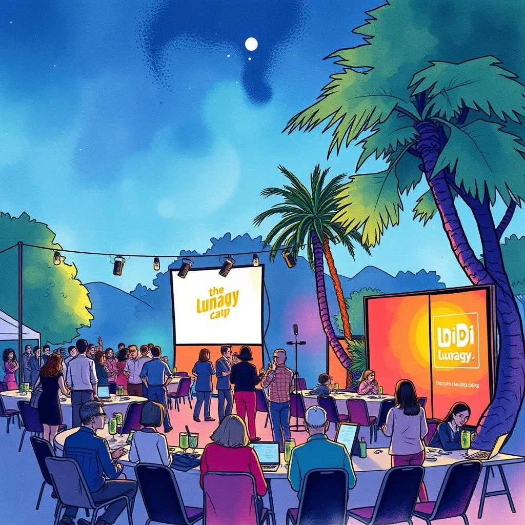 Feedback survey creator: Generate post-event feedback surveys 1 A vibrant outdoor event scene with attendees engaged in discussions and feedback near large projection screens.