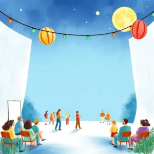 Colorful event scene with people and decorations