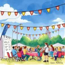 Colorful outdoor event with people engaged in activities