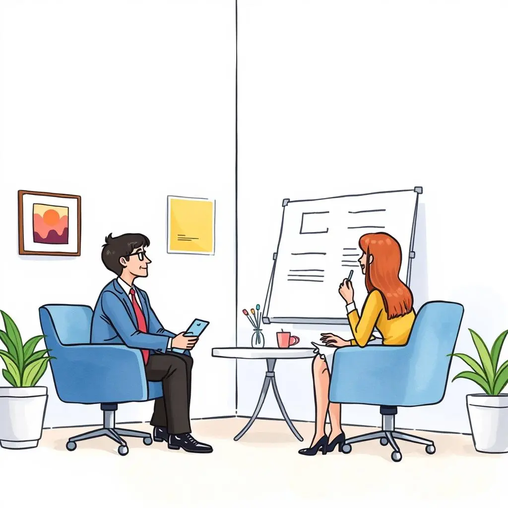 Employee exit insights: Extract and present key interview findings 1 Employee discussing exit insights with HR specialist during an interview in a modern office setting