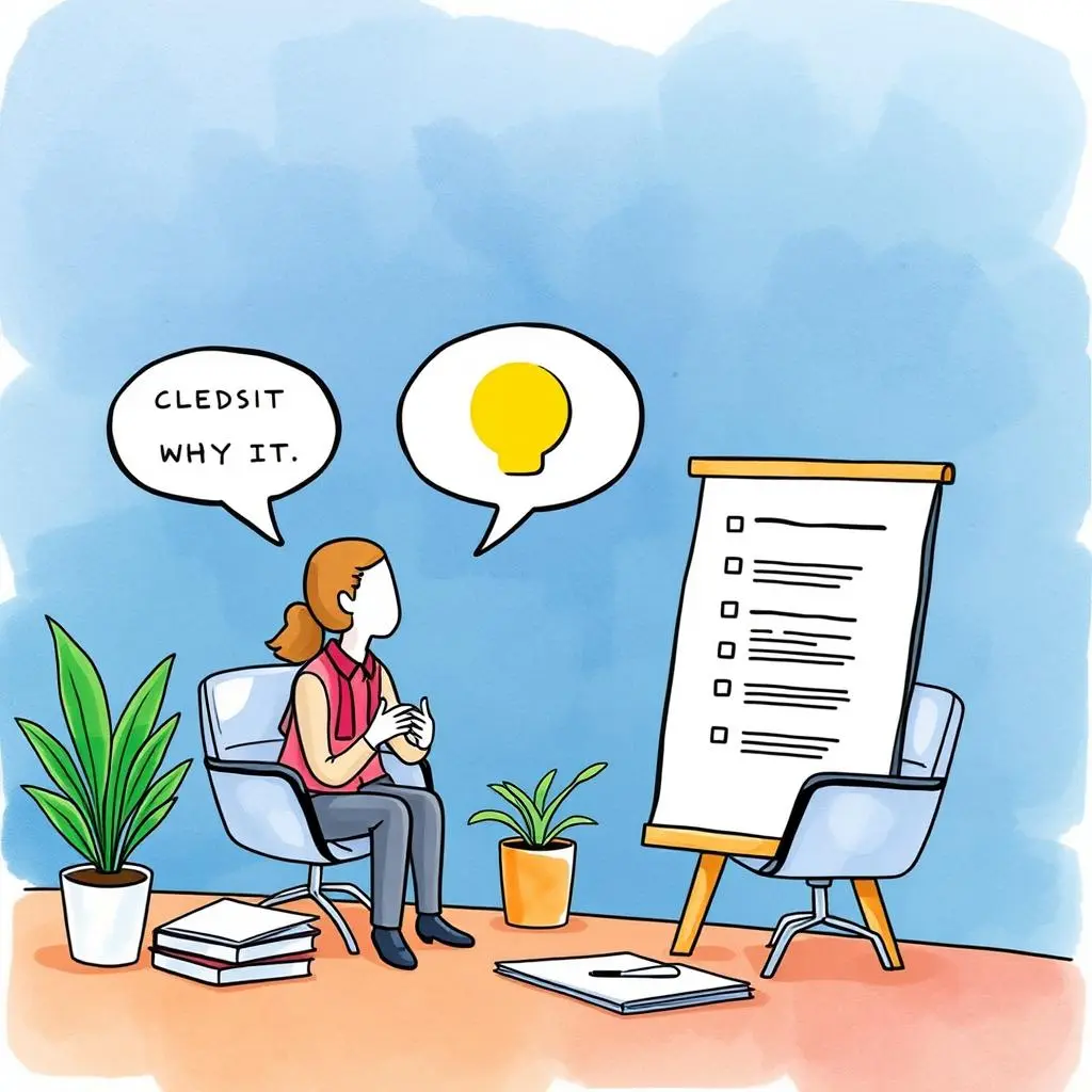 Exit feedback text processor: Convert responses into clear, concise documents 1 A woman in an office setting contemplating exit feedback strategies while seated near a presentation board.