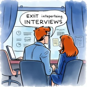 Exit interview insight builder: Distill critical information for management reports 2 Exit Interview Insight Builder discussion with HR professionals at a workplace setting