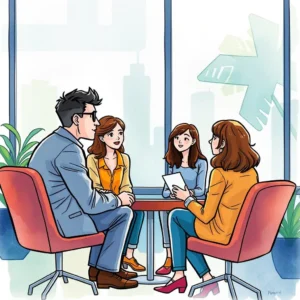 Exit report generator: Compile insights from exit interviews 5 A group of professionals engaged in an exit interview discussion at a modern office.