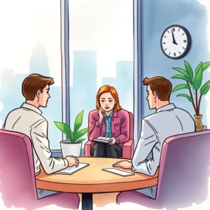 Hr exit review generator: Create detailed summaries of employee departures 3 A professional woman participates in an exit interview with two HR staff members in a modern office setting.