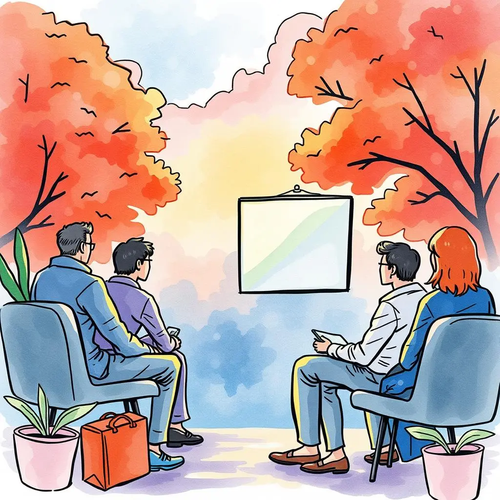 Interview insight transcriber: Automatically transcribe exit interview insights 1 A group of professionals seated outdoors, engaging with a presentation backdrop in autumn scenery.