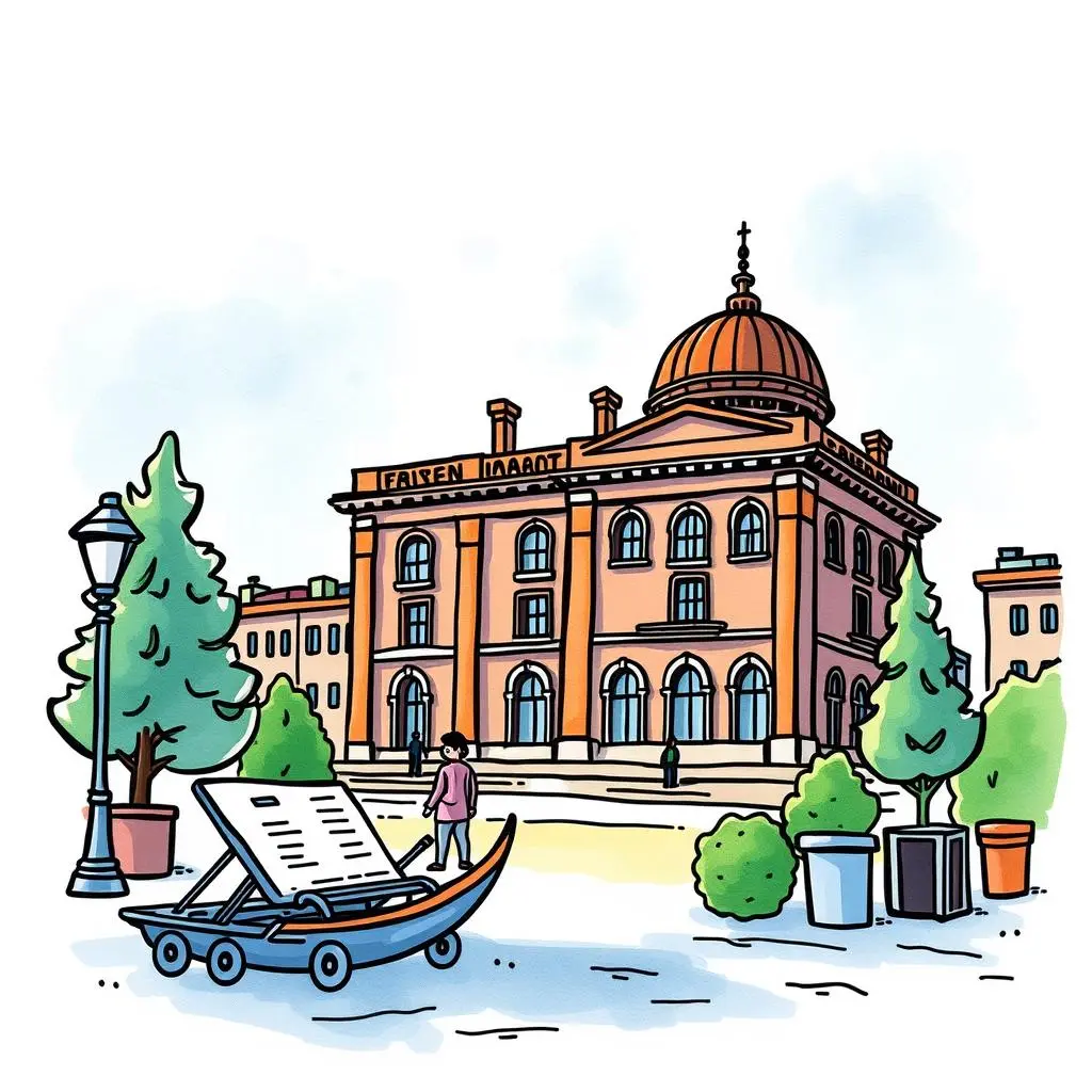 Account summary generator: Create comprehensive account summaries effortlessly 1 A modern building with a dome and a cart carrying a document in a public space.