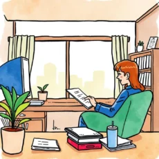 A professional reviewing documents in a cozy office setting.